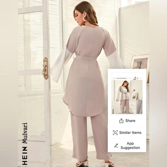 SHEIN Mulvari Colorblock Trumpet Sleeve Blouse
& Belted Pants - Picture 2 of 6